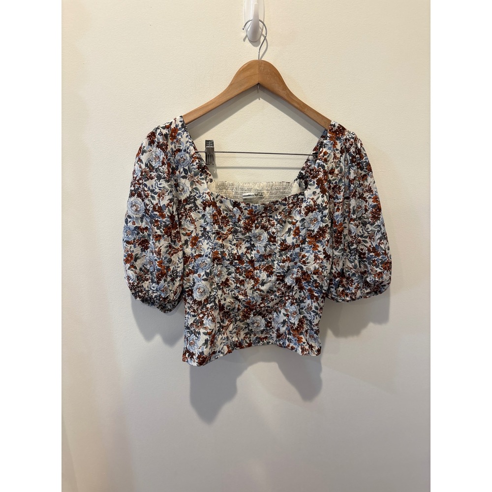 Abercrombie Fitch Womens Smocked Square Neck Puff Sleeve Floral Crop Top Size S‎